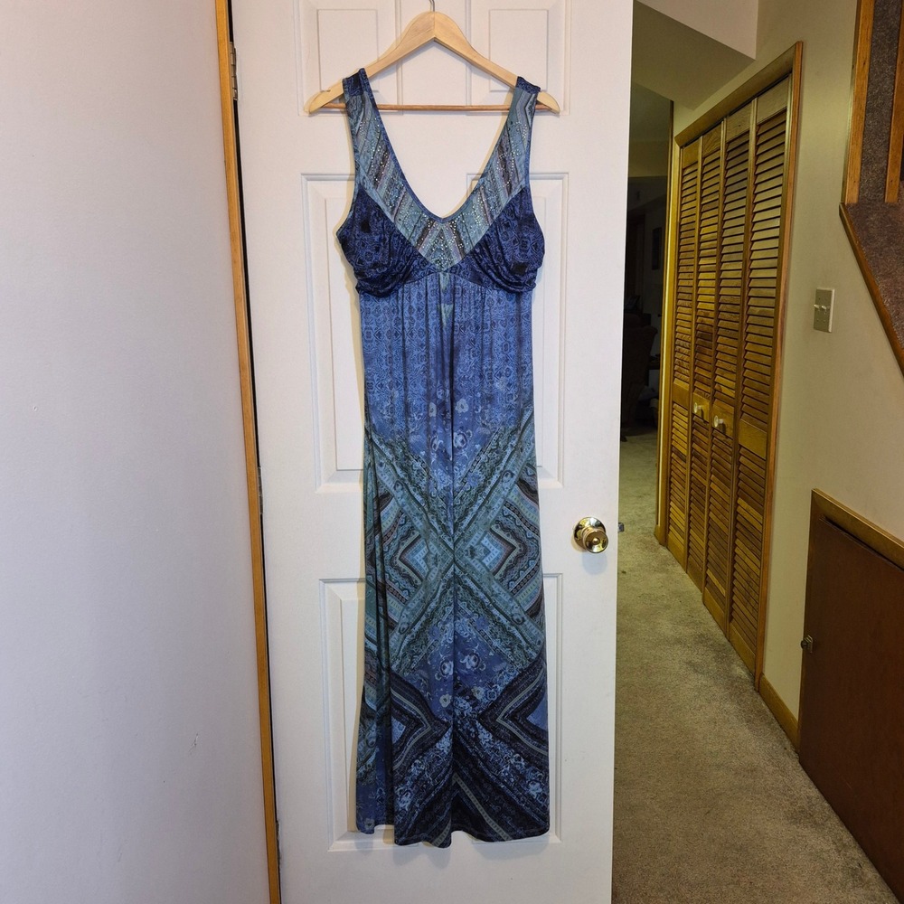 Live and Let Live Blue Paisley Boho Maxi Dress Embellished V-Neck Womens XL